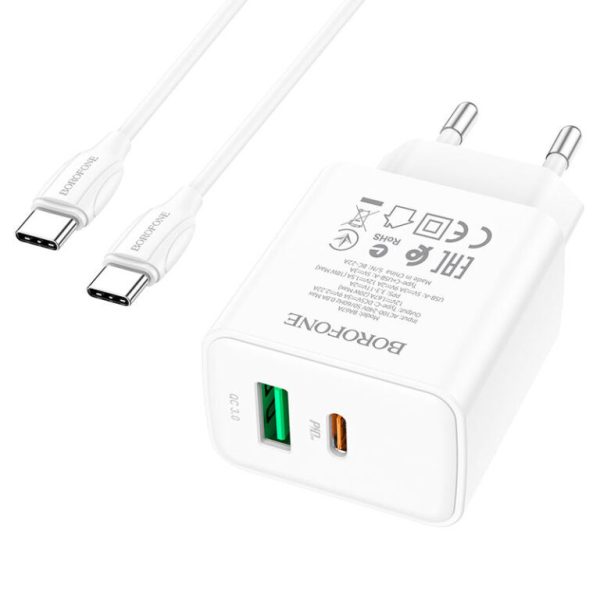 Зарядний пристрій Borofone BA67A PD20W+QC3.0 (1USB-A/1C) + кабель Type-C to Type-C Білий - Зображення 3