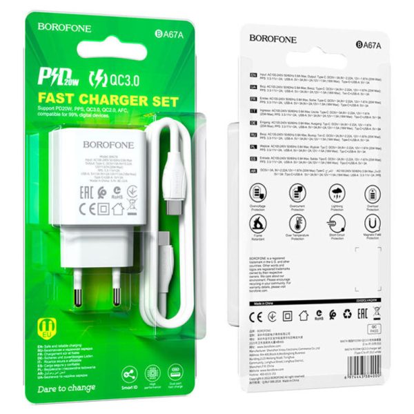 Зарядний пристрій Borofone BA67A PD20W+QC3.0 (1USB-A/1C) + кабель Type-C to Type-C Білий - Зображення 6